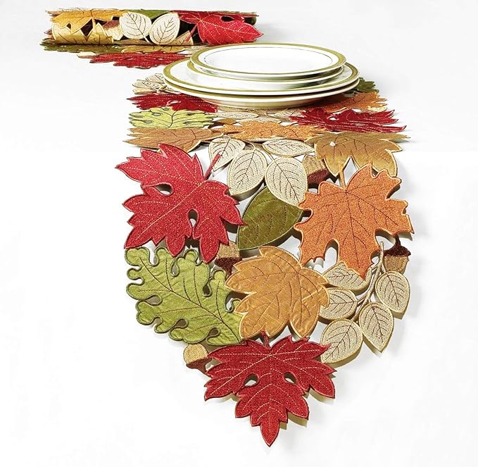 KEVA Fall Table Runner 36inches Long, Thanksgiving Harvest Cutwork Embroidered Table Runner 13in x 36in, Autumn Maple Leaves Table Decoration for Home Dining Kitchen Table
