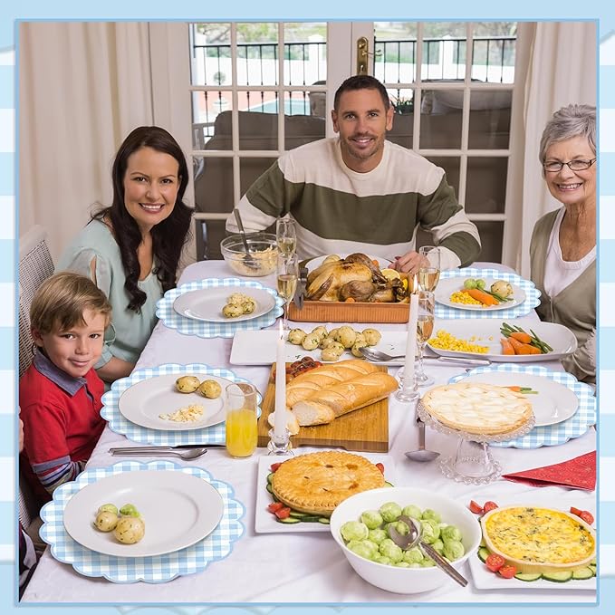 60 Pcs Blue and White Gingham Paper Placemats,13.5 Inch Scalloped Blue Checkered Place Mat Disposable Table Placemats Decorative Paper for Table Setting Baby Shower Wedding Bridal Banquet Tea Party