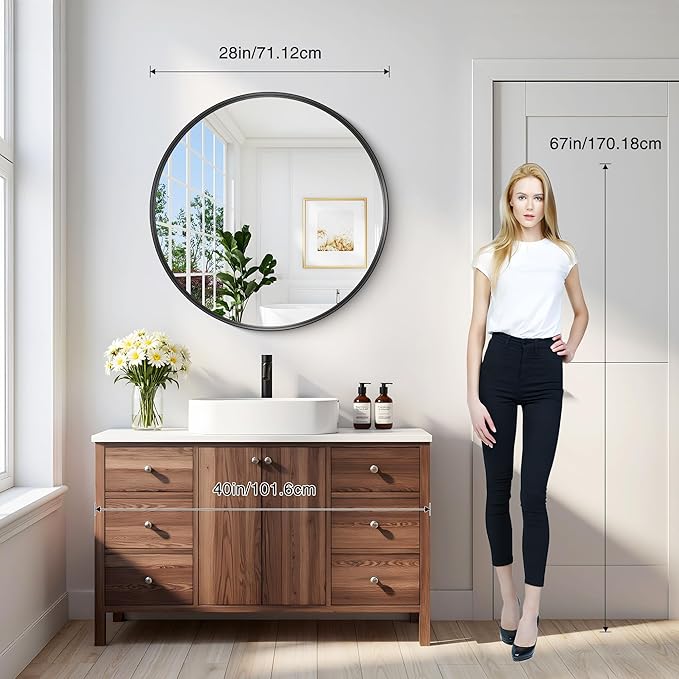 Black Round Mirror 28 inch Deep Frame Circle Mirror, Metal Framed Bathroom Mirror, Round Vanity Mirror, Circle Mirrors for Wall Entryway Bedroom Living Room Hallway