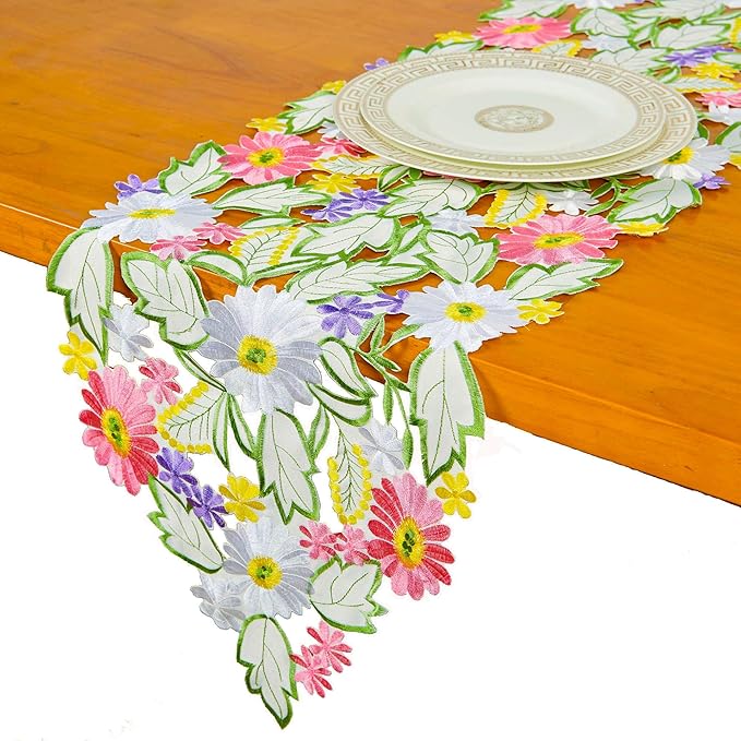 AMARED Spring Daisy Table Runners Embroidered Flowery Applique Floral Cutwork Table Linen for Home Decoration (13 X 54 Inch)