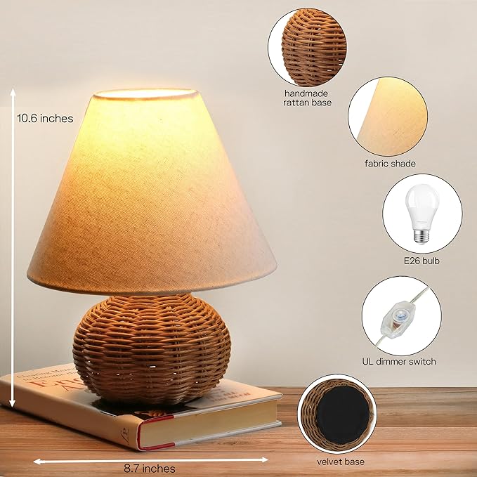 11" Small Mini Wicker Table Lamp, Dimmable Rattan Bamboo Lamp with Off-White Fabric Shade, Boho Accent Light for Nightstand, Nursery, Small Spaces, Kitchen Counter, Bookshelf