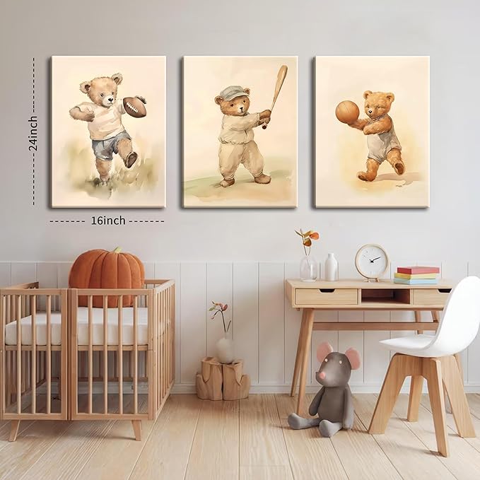 Bear Rugby Sports Nursery Canvas Wall Art Set of 3 - Cute Vintage Baby Bear Pictures Paintings Poster Prints, Nursery Animal Wall Decor for Children Bedroom Boy Room Decoration 16x24 inch Framed