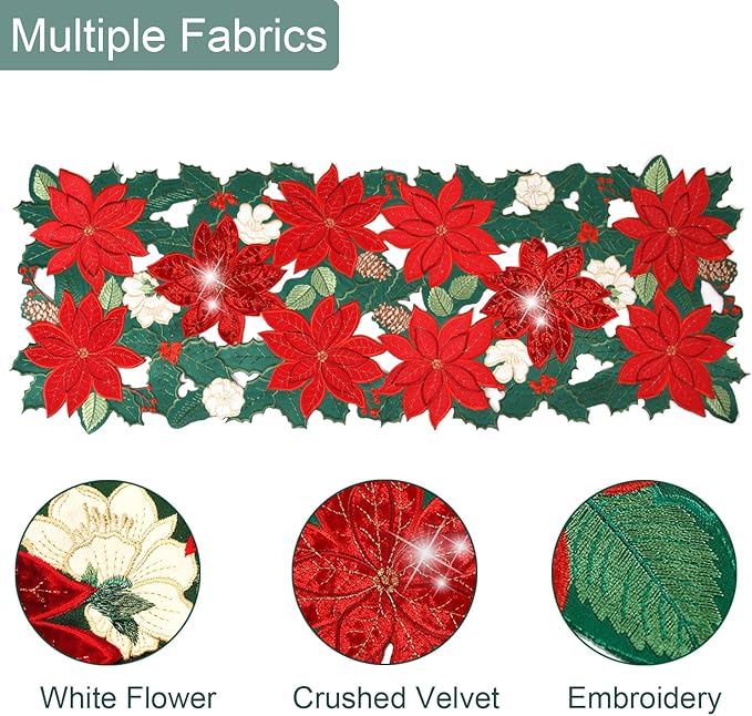 Christmas Table Runner Poinsettia Velvet 54 Inches Red Flower Short Embroidered Floral Xmas Decoration Festive Holiday Pine Cones Green Cutwork Dining Table Decor