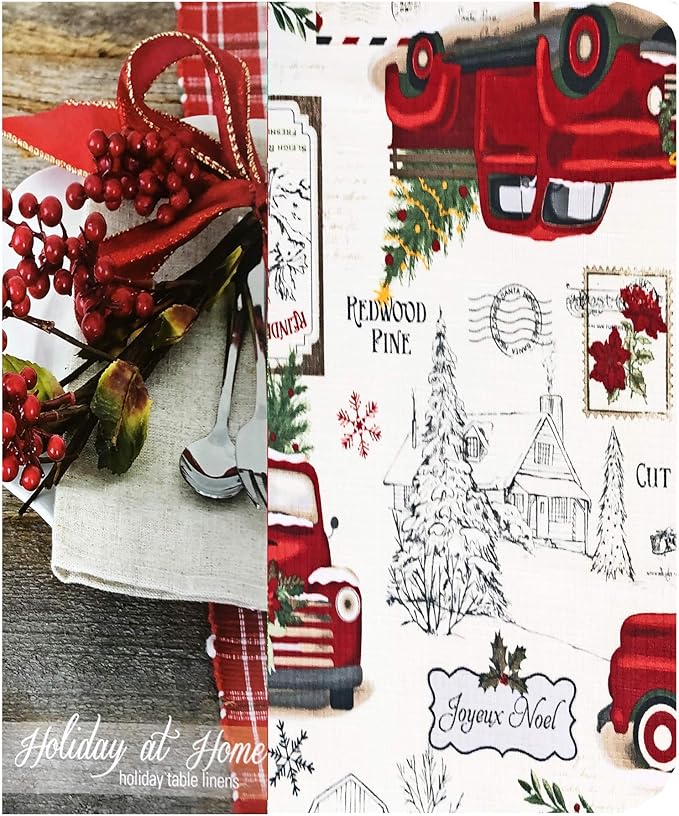 Newbridge Christmas Pine Hill Tree Farm Truck 72 Inch Long Table Runner, Nostalgic Retro Holiday Country Farm Truck No Iron and Stain Resistant Table Runner for Party, Banquet and Buffet