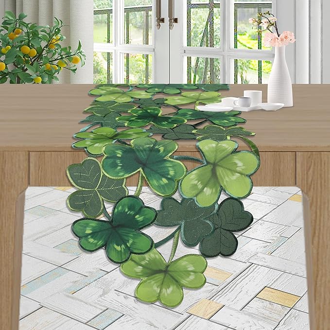 OWENIE Embroidered St. Patrick's Day Table Runner, Small Spring Green Table Runner 70 Inches Long , Cutwork Green Irish Clover Shamrock St Patricks Day Decorations(13 x 70 Inches )