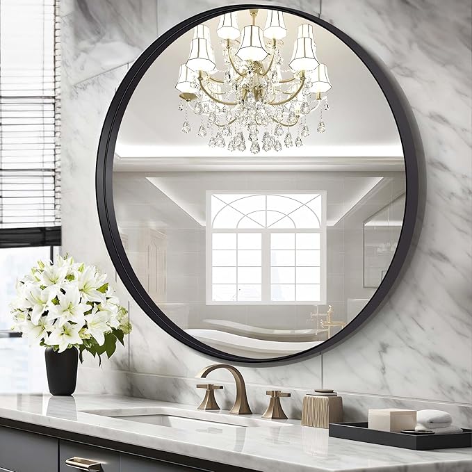 Black Round Mirror 42 inch Deep Frame Circle Mirror, Metal Frame Round Bathroom Mirror, Circle Mirrors for Wall Entryway Washroom Bedroom Living Room Hallway