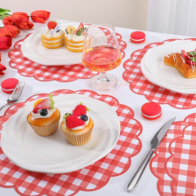 60 Pcs Red and White Gingham Paper Placemats,13.5 Inch Scalloped Checkered Place Mats Disposable Picnic Placemats Decorative Paper for Table Setting BBQ Baby Shower Wedding Bridal Banquet Tea Party