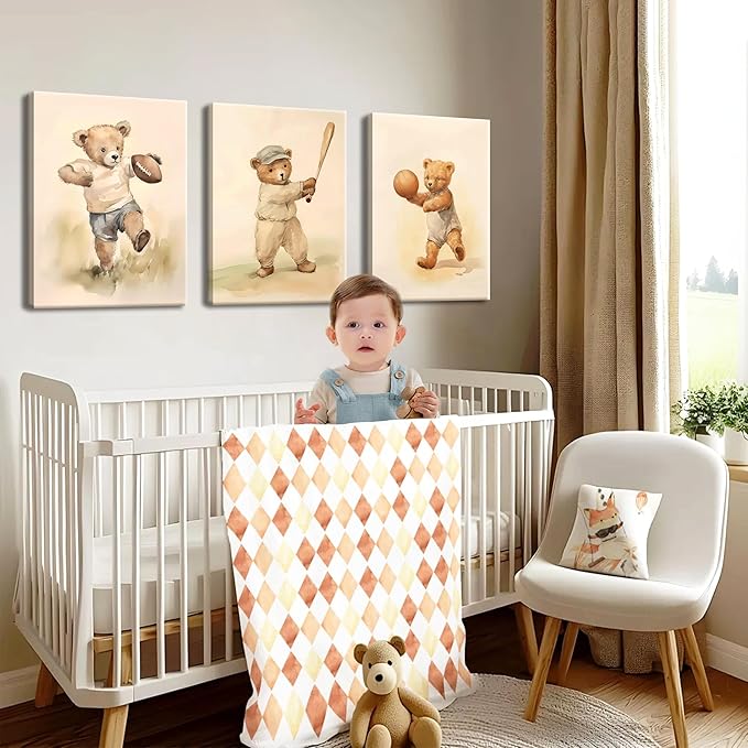 Bear Rugby Sports Nursery Canvas Wall Art Set of 3 - Cute Vintage Baby Bear Pictures Paintings Poster Prints, Nursery Animal Wall Decor for Children Bedroom Boy Room Decoration 12x16 inch Framed