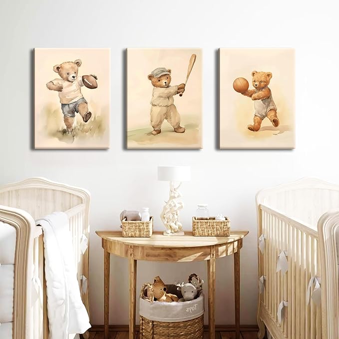 Bear Rugby Sports Nursery Canvas Wall Art Set of 3 - Cute Vintage Baby Bear Pictures Paintings Poster Prints, Nursery Animal Wall Decor for Children Bedroom Boy Room Decoration 12x16 inch Framed