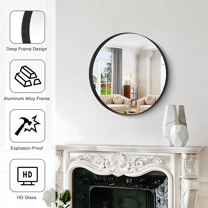 Black Round Mirror 22 inch Deep Frame Circle Mirror, Metal Framed Bathroom Mirror, Round Vanity Mirror, Circle Mirrors for Wall Entryway Bedroom Living Room Hallway