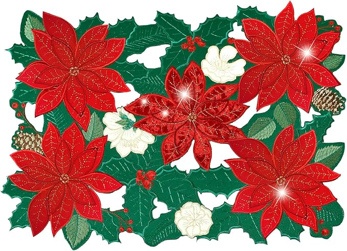 Christmas Table Runner Poinsettia Velvet 54 Inches Red Flower Short Embroidered Floral Xmas Decoration Festive Holiday Pine Cones Green Cutwork Dining Table Decor