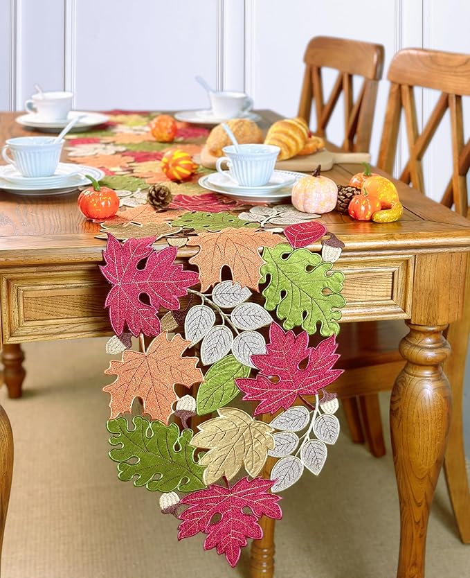 KEVA Fall Table Runner 90inches Long, Thanksgiving Harvest Cutwork Embroidered Table Runner 13in x 90in, Autumn Maple Leaves Table Decoration for Home Dining Kitchen Table