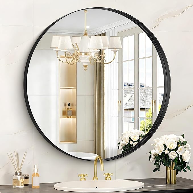 Black Round Mirror 28 inch Deep Frame Circle Mirror, Metal Framed Bathroom Mirror, Round Vanity Mirror, Circle Mirrors for Wall Entryway Bedroom Living Room Hallway