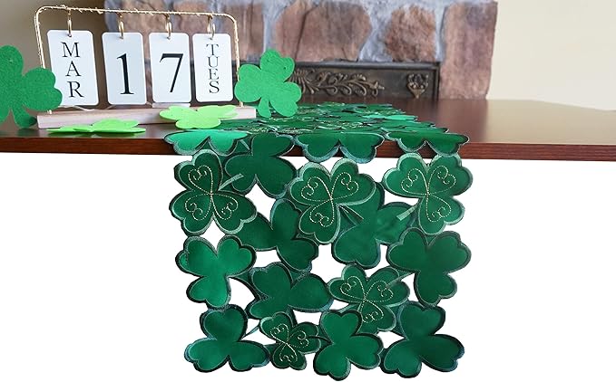 GRANDDECO St. Patrick's Day Table Runner,Applique Embroidered Cutwork Clover Dresser Scarf for Home Kitchen Dining Spring Holiday Tabletop Decoration, Green,Runner 13"×34"