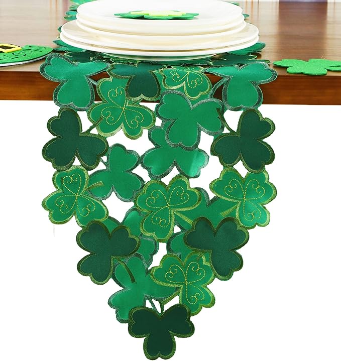 St. Patrick's Day Table Runner 13"×54" ,Applique Embroidered Cutwork Clover Design for Home Kitchen Dining Spring Holiday Tabletop Decoration