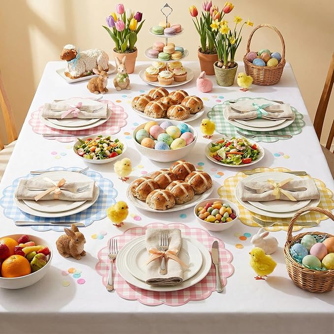 60 Pcs Pastel Gingham Paper Placemats,13.5 Inch Scalloped Checkered Placemat Disposable Tea Party Place Mats for Table Setting Baby Shower Wedding Bridal Banquet Birthday Decorations,4 Colors