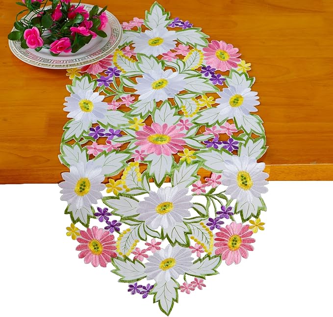 AMARED Spring Daisy Table Runners Embroidered Flowery Table Linen for Home Decoration 13 X 34 Inch