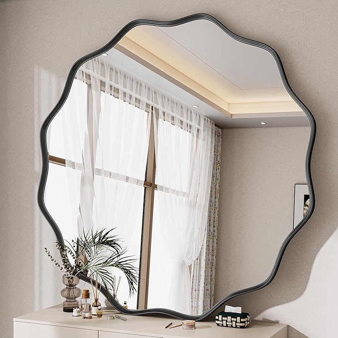 Wavy Round Mirror, 42 Inch Large Metal Frame Circle Mirror, Wall Mounted for Bathroom, Vanity, Entryway, Living Room, Black
