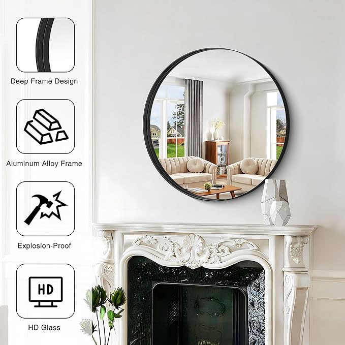 Black Round Mirror 28 inch Deep Frame Circle Mirror, Metal Framed Bathroom Mirror, Round Vanity Mirror, Circle Mirrors for Wall Entryway Bedroom Living Room Hallway