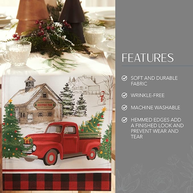 Elrene Home Fashions Vintage Christmas Tree Farm Table Runner, 13"x70", Multicolor