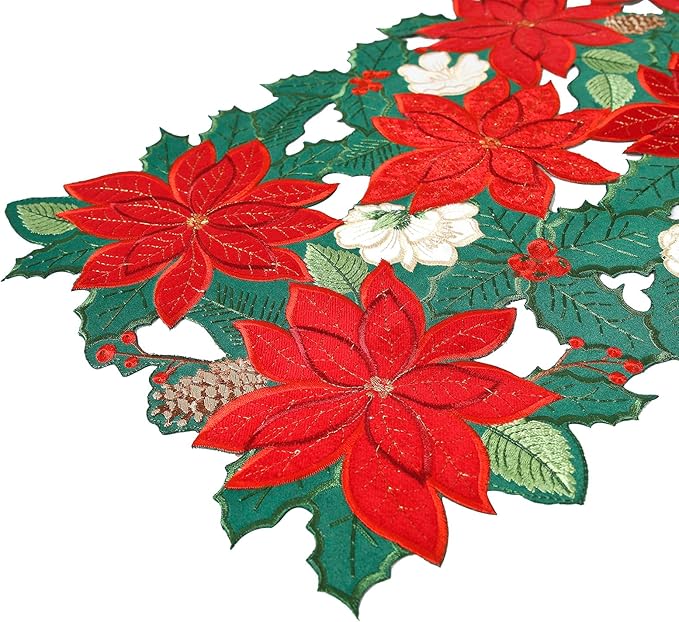 Christmas Table Runner Poinsettia Velvet 54 Inches Red Flower Short Embroidered Floral Xmas Decoration Festive Holiday Pine Cones Green Cutwork Dining Table Decor
