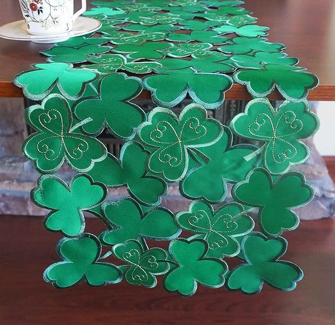 St. Patrick's Day Table Runner 13"x68" ,Applique Embroidered Cutwork Clover Design, Home Kitchen Dining Spring Holiday Tabletop Decoration