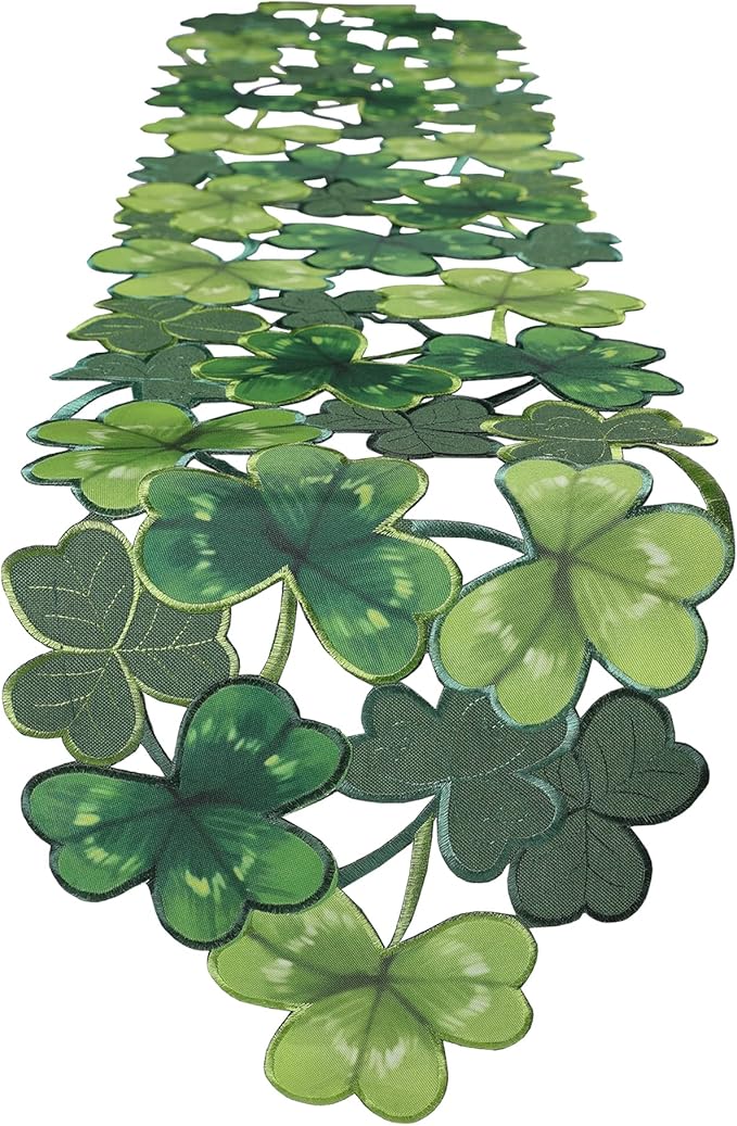 OWENIE Embroidered St. Patrick's Day Table Runner, Small Spring Green Table Runner 70 Inches Long , Cutwork Green Irish Clover Shamrock St Patricks Day Decorations(13 x 70 Inches )