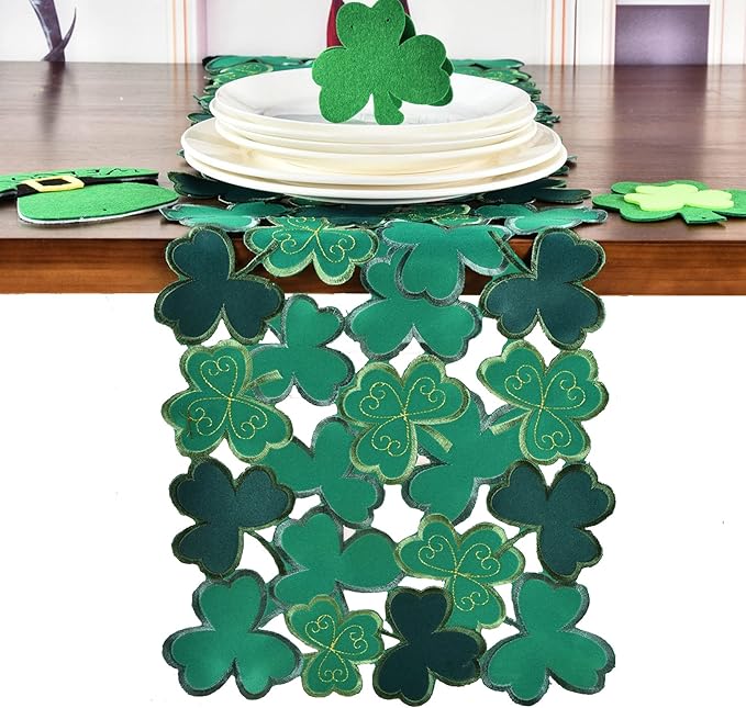 St. Patrick's Day Table Runner 13"x68" ,Applique Embroidered Cutwork Clover Design, Home Kitchen Dining Spring Holiday Tabletop Decoration