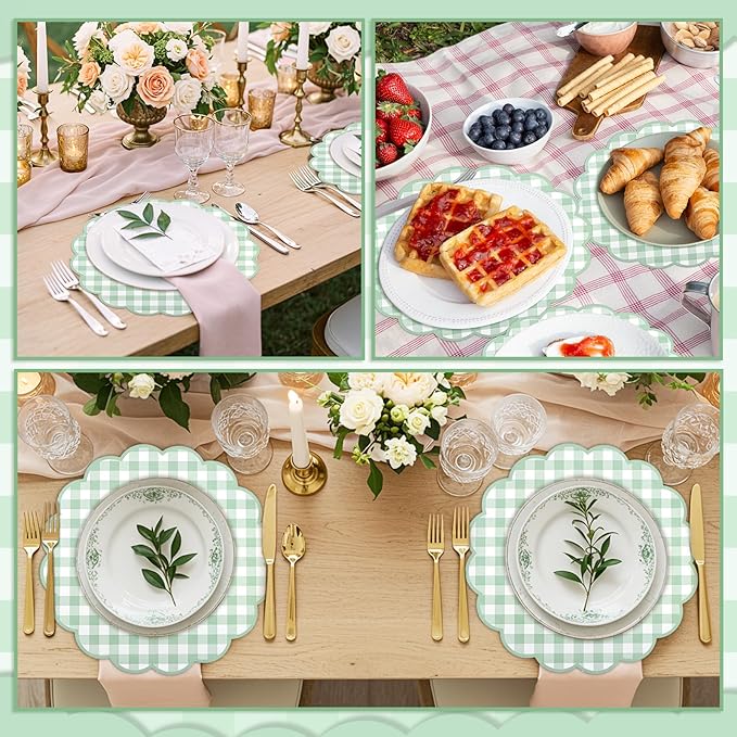 60 Pcs Sage Green Gingham Paper Placemats,13.5 Inch Scalloped Checkered Place Mats Disposable Placemat Decorative Paper for Table Setting BBQ Baby Shower Wedding Bridal Banquet Tea Party