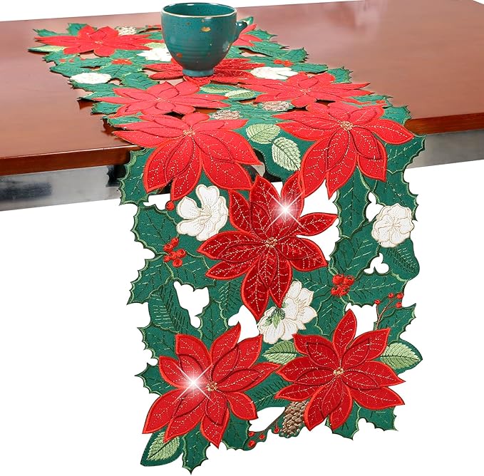 Christmas Table Runner Poinsettia Velvet 54 Inches Red Flower Short Embroidered Floral Xmas Decoration Festive Holiday Pine Cones Green Cutwork Dining Table Decor