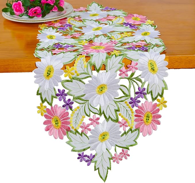 AMARED Spring Daisy Table Runners Embroidered Flowery Table Linen for Home Decoration 13 X 34 Inch