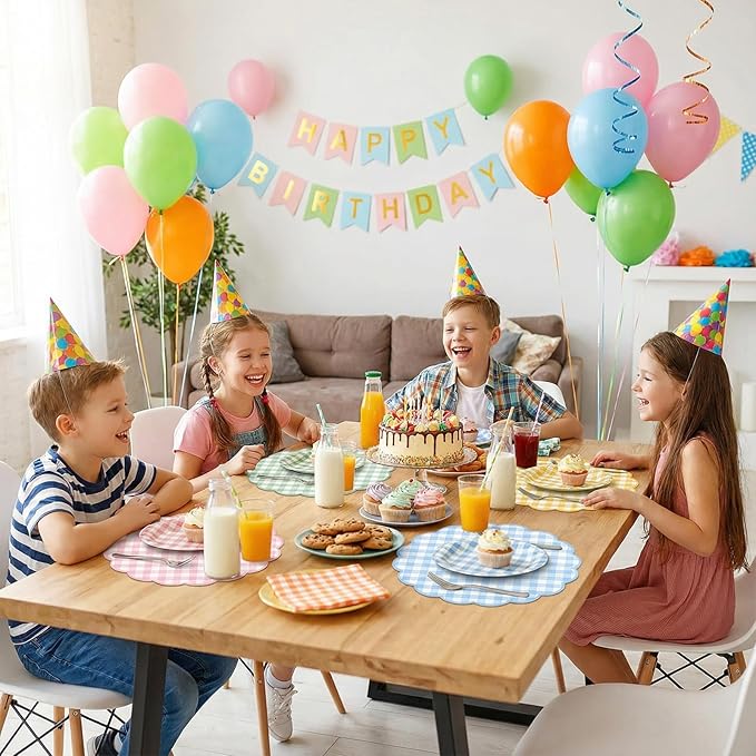 60 Pcs Pastel Gingham Paper Placemats,13.5 Inch Scalloped Checkered Placemat Disposable Tea Party Place Mats for Table Setting Baby Shower Wedding Bridal Banquet Birthday Decorations,4 Colors