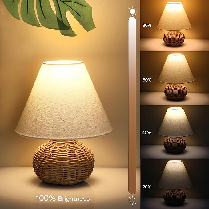 11" Small Mini Wicker Table Lamp, Dimmable Rattan Bamboo Lamp with Off-White Fabric Shade, Boho Accent Light for Nightstand, Nursery, Small Spaces, Kitchen Counter, Bookshelf