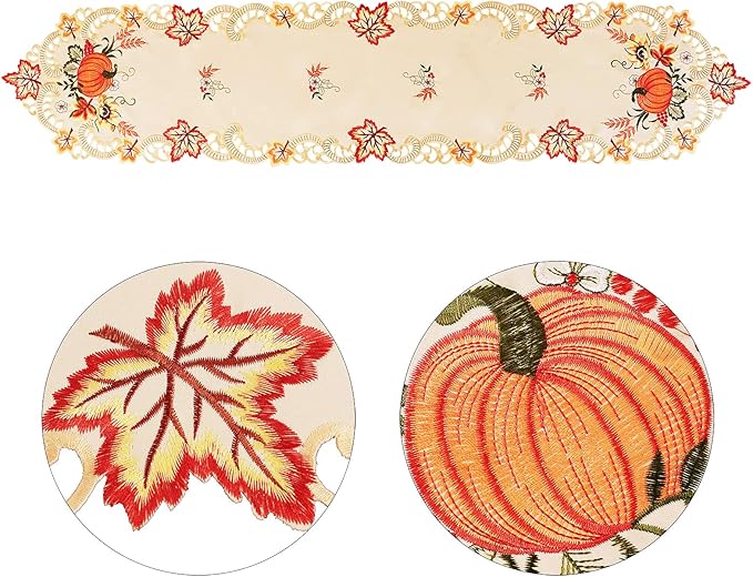 Simhomsen Thanksgiving Harvest Pumpkins Table Runners for Autumn Or Fall Decorations, Embroidery (14 × 69 Inches)