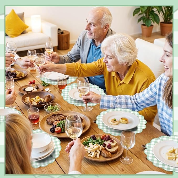 60 Pcs Sage Green Gingham Paper Placemats,13.5 Inch Scalloped Checkered Place Mats Disposable Placemat Decorative Paper for Table Setting BBQ Baby Shower Wedding Bridal Banquet Tea Party