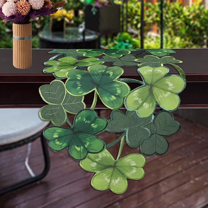OWENIE Embroidered St. Patrick's Day Table Runner, Small Spring Green Table Runner 70 Inches Long , Cutwork Green Irish Clover Shamrock St Patricks Day Decorations(13 x 70 Inches )
