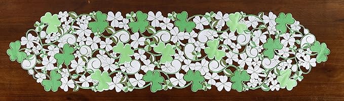 GRANDDECO St. Patrick's Day Spring Table Runner,Applique Embroidered Cutwork Clover Dresser Scarf, Home Kitchen Dining Tabletop Decoration,Runner 13"×83", Green