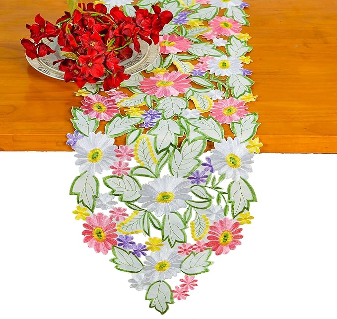 AMARED Spring Daisy Table Runners Embroidered Flowery Applique Floral Cutwork Table Linen for Home Decoration (13 X 54 Inch)