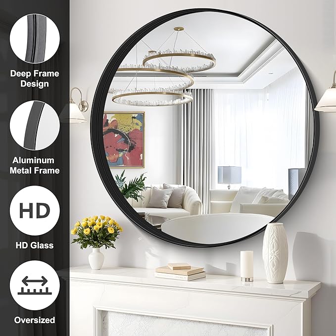 Black Round Mirror 42 inch Deep Frame Circle Mirror, Metal Frame Round Bathroom Mirror, Circle Mirrors for Wall Entryway Washroom Bedroom Living Room Hallway
