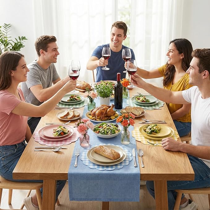 60 Pcs Pastel Gingham Paper Placemats,13.5 Inch Scalloped Checkered Placemat Disposable Tea Party Place Mats for Table Setting Baby Shower Wedding Bridal Banquet Birthday Decorations,4 Colors