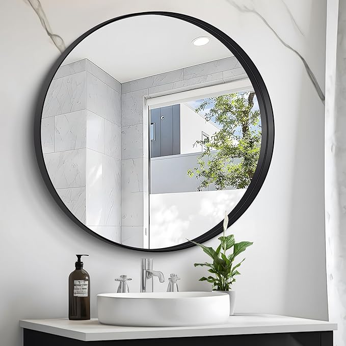 Black Round Mirror 36 inch Deep Frame Circle Mirror, Metal Framed Bathroom Mirror, Round Vanity Mirror, Circle Mirrors for Wall Entryway Bedroom Living Room Hallway