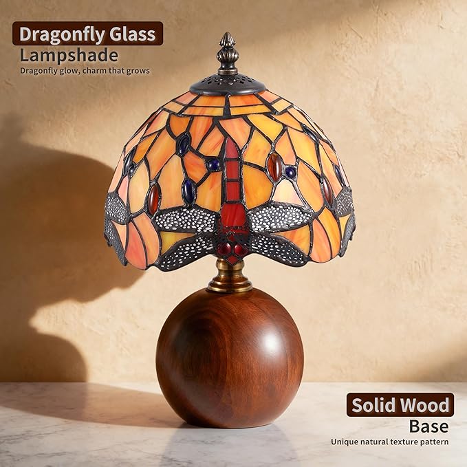 12.2" Tiffany Style Lamp, Handcrafted Dragonfly Stained Glass Table Lamp with Weighted Solid Wood Base, 3-Color Dimmable Bedside Nightstand Light for Bedroom & Living Room, LED Bulb Included