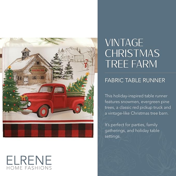 Elrene Home Fashions Vintage Christmas Tree Farm Table Runner, 13"x70", Multicolor