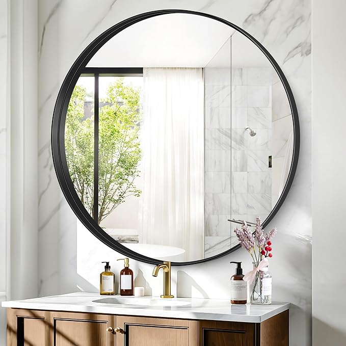 Black Round Mirror 42 inch Deep Frame Circle Mirror, Metal Frame Round Bathroom Mirror, Circle Mirrors for Wall Entryway Washroom Bedroom Living Room Hallway