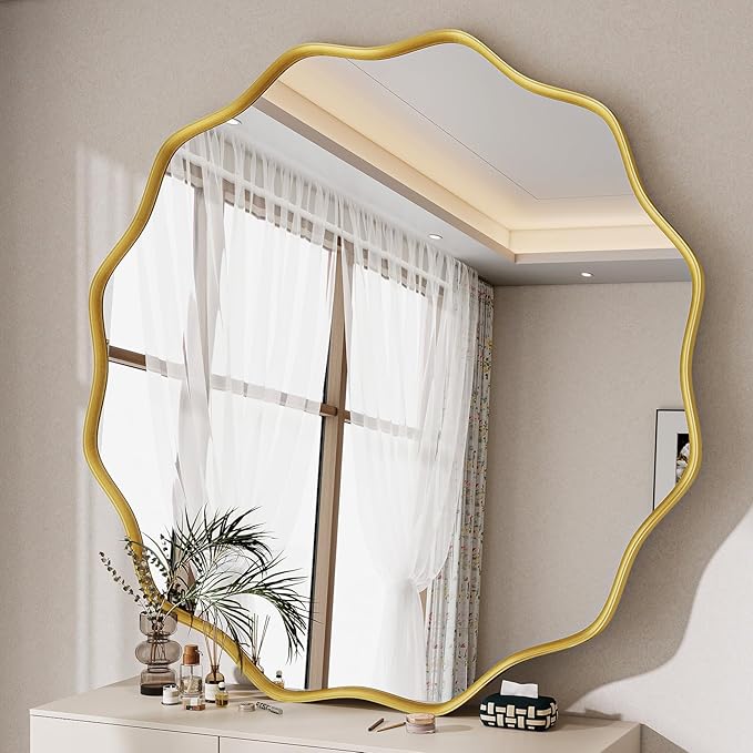 Wavy Round Mirror, 42 Inch Large Metal Frame Circle Mirror, Wall Mounted for Bathroom, Vanity, Entryway, Living Room, Gold