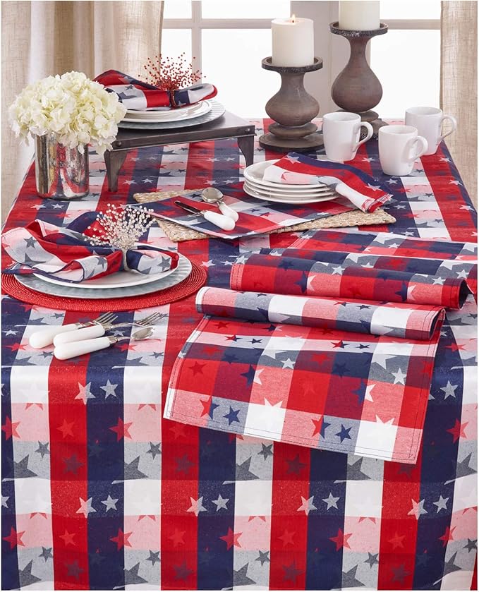 Red White and Blue Checkered with Stars Cotton/Polyester Blend Patriotic Table Runner, 16"x 120" Rectangular - (1 Piece).