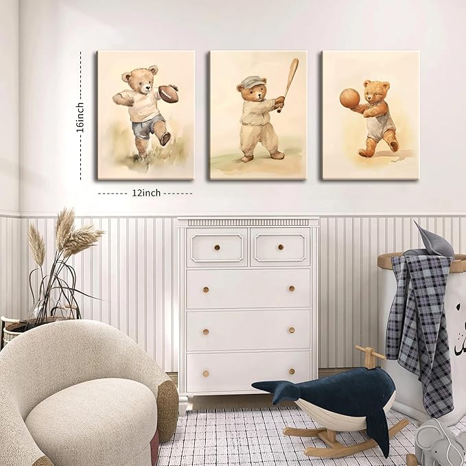 Bear Rugby Sports Nursery Canvas Wall Art Set of 3 - Cute Vintage Baby Bear Pictures Paintings Poster Prints, Nursery Animal Wall Decor for Children Bedroom Boy Room Decoration 12x16 inch Framed