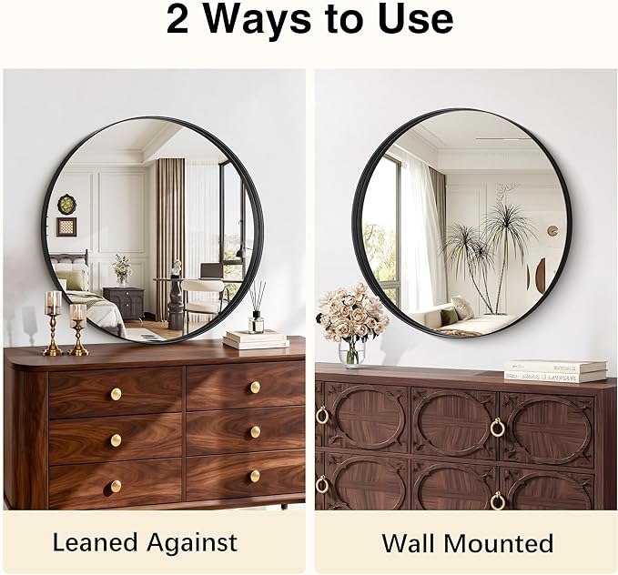 Black Round Mirror 28 inch Deep Frame Circle Mirror, Metal Framed Bathroom Mirror, Round Vanity Mirror, Circle Mirrors for Wall Entryway Bedroom Living Room Hallway