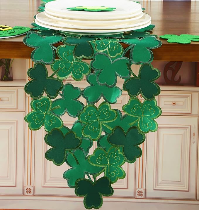 St. Patrick's Day Table Runner 13"×54" ,Applique Embroidered Cutwork Clover Design for Home Kitchen Dining Spring Holiday Tabletop Decoration