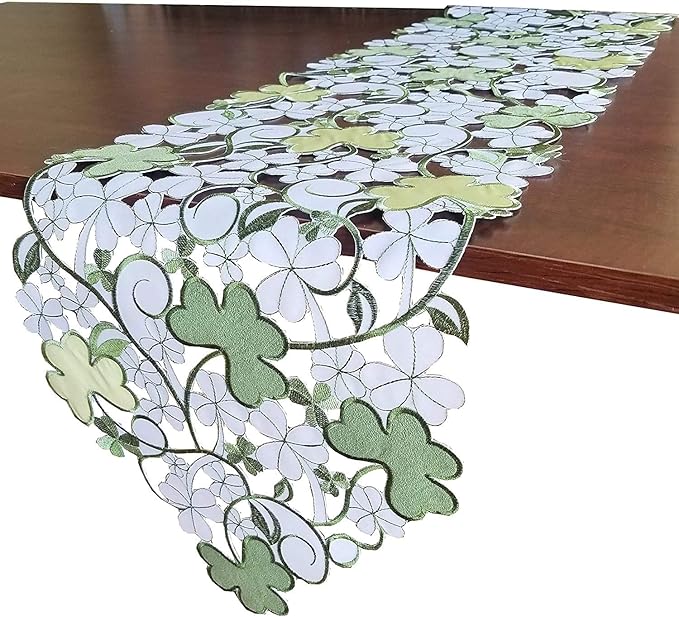 GRANDDECO St. Patrick's Day Spring Table Runner,Applique Embroidered Cutwork Clover Dresser Scarf, Home Kitchen Dining Tabletop Decoration,Runner 13"×83", Green